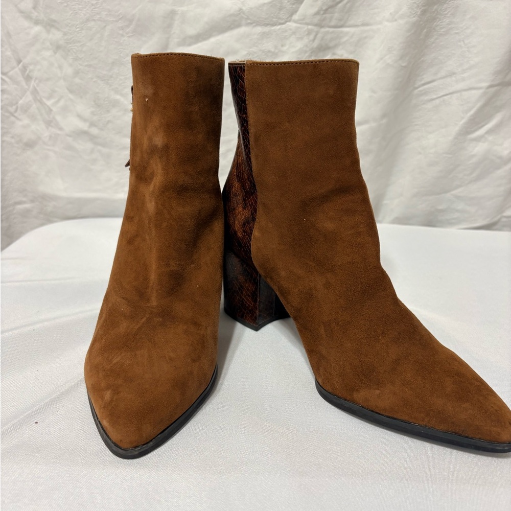 Michael Kors brown suede and snakeskin-print leather ankle boots